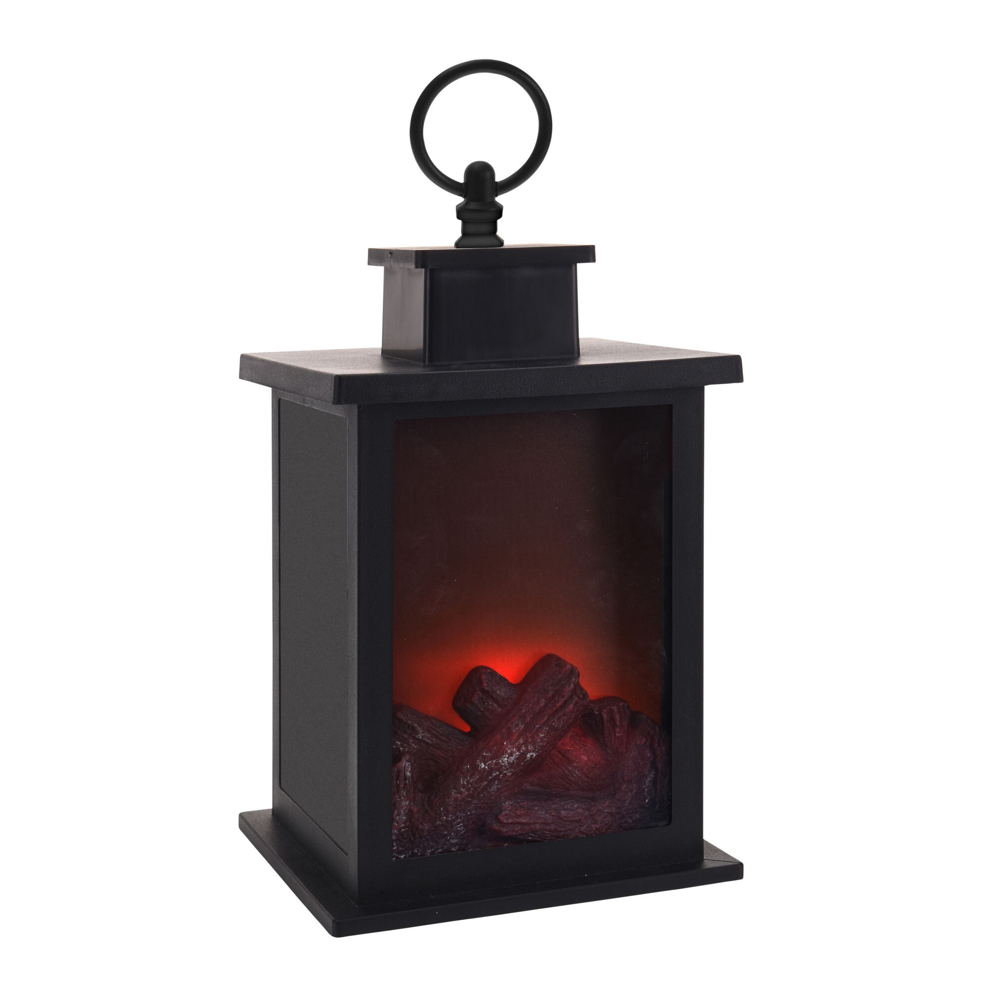 Schwarze LED-Laterne mit Kaminfeuer-Attrappe
