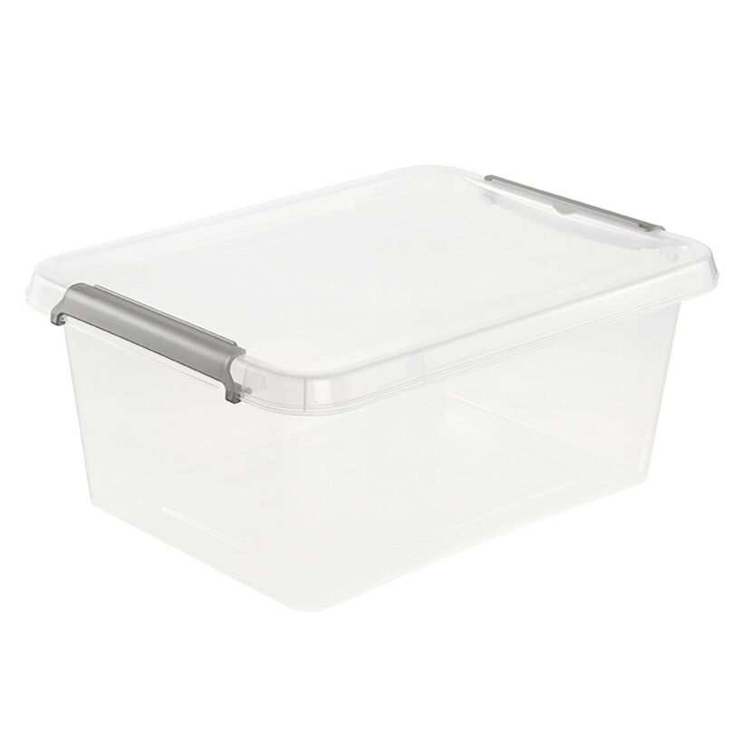 Transparente Aufbewahrungsbox mit grauen Griffen