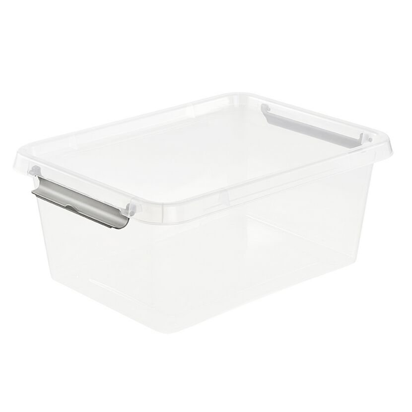 Leere transparente Aufbewahrungsbox mit Griffen