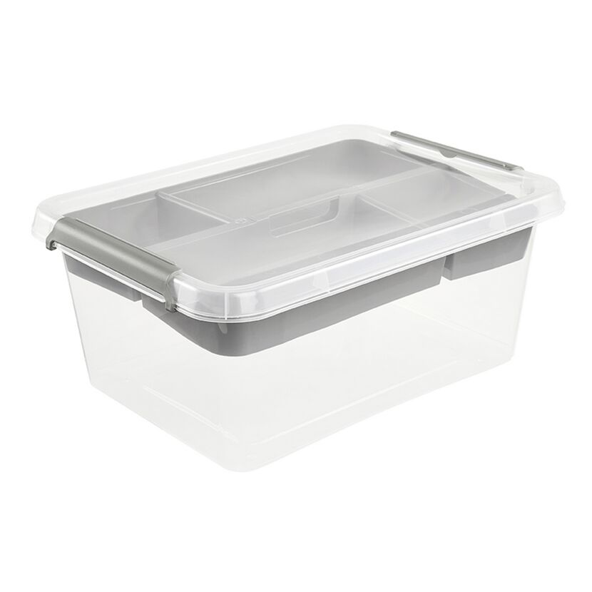 Transparente Aufbewahrungsbox 'Lara' mit grauem Deckel und Unterteilungen