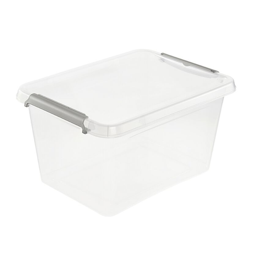 Durchsichtige Aufbewahrungsbox mit Deckel und grauen Verschlüssen
