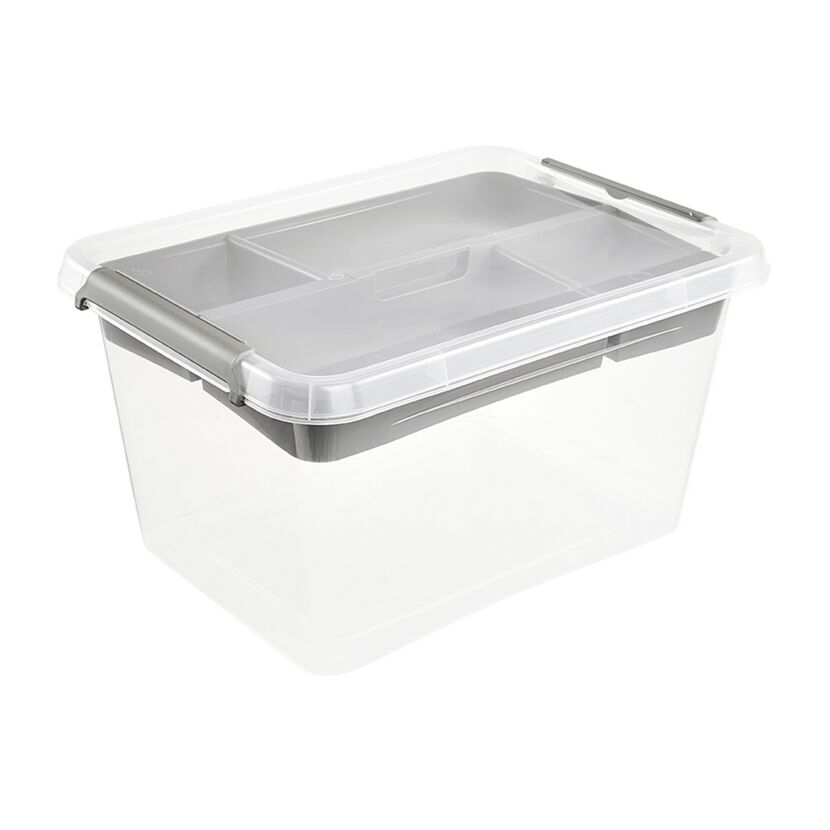 Transparente Aufbewahrungsbox Lara mit grauem Deckel und Trennwänden