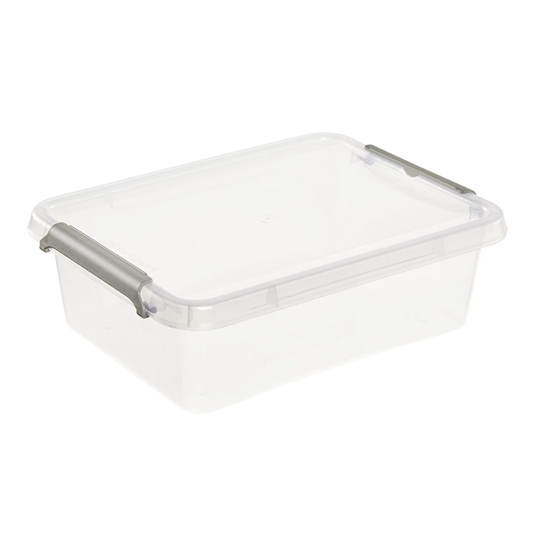 Durchsichtige Aufbewahrungsbox mit Deckel und grauen Griffen