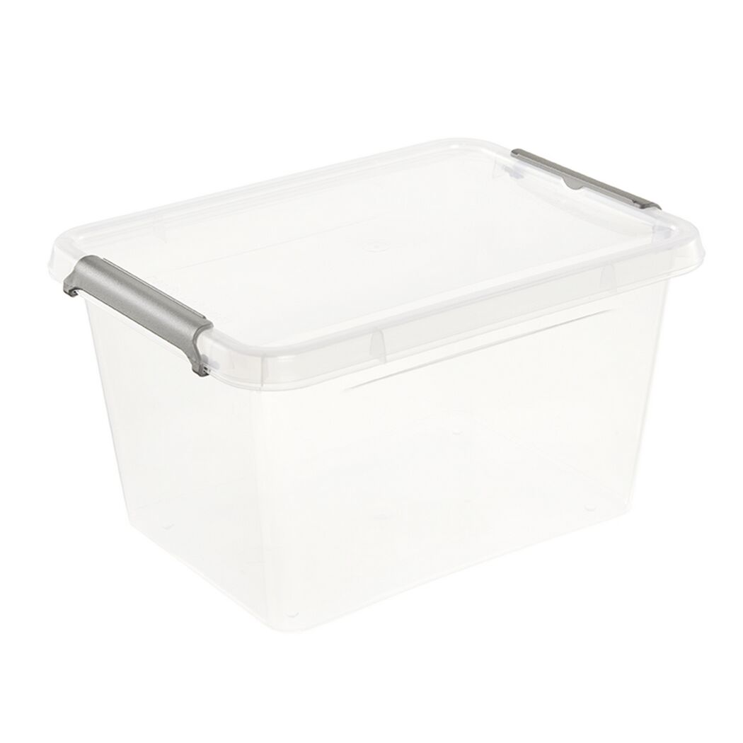 Durchsichtige Aufbewahrungsbox mit Deckel und grauen Griffen