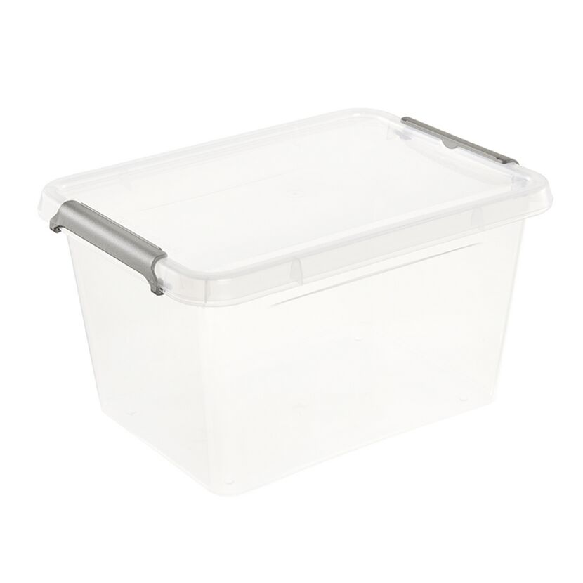 Durchsichtige Aufbewahrungsbox mit Deckel und grauen Griffen