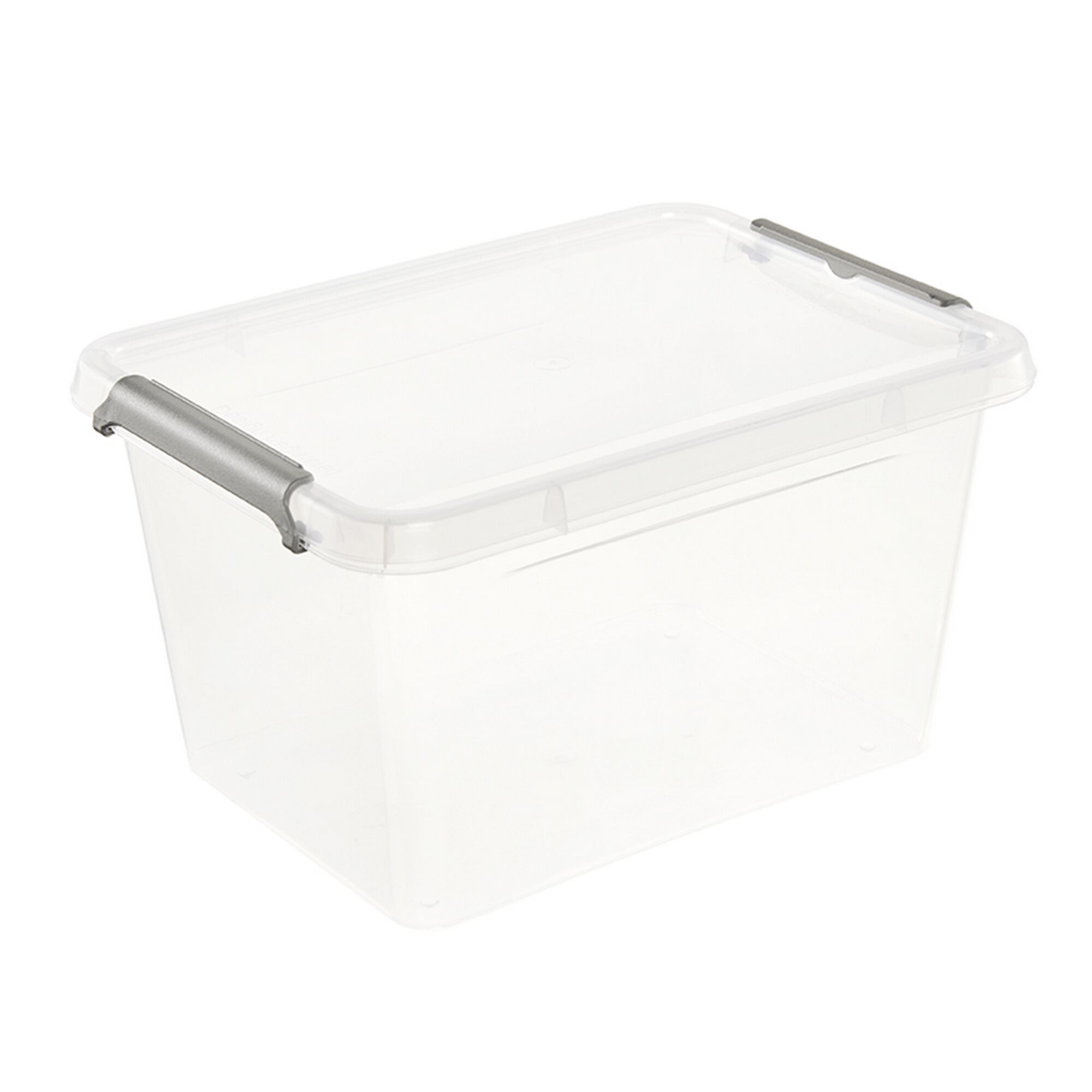 Durchsichtige Aufbewahrungsbox mit Deckel und grauen Griffen