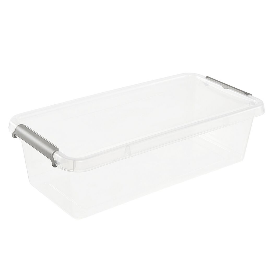 Leere transparente Aufbewahrungsbox mit grauen Griffen