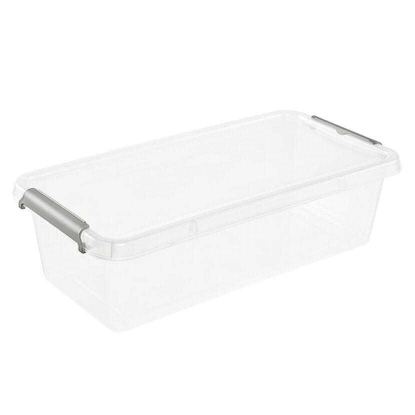 Leere transparente Aufbewahrungsbox mit grauen Griffen