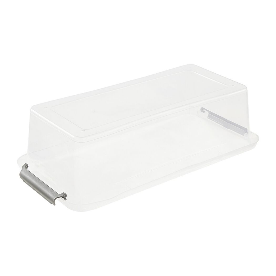 Transparente Aufbewahrungsbox mit Deckel und silbernen Griffen