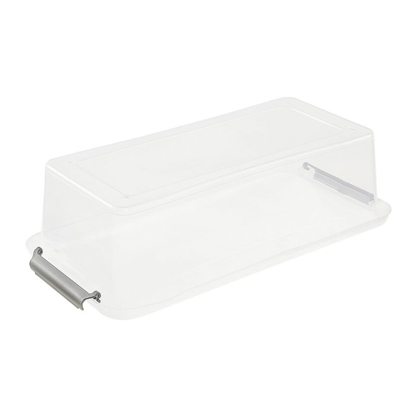 Transparente Aufbewahrungsbox mit Deckel und silbernen Griffen