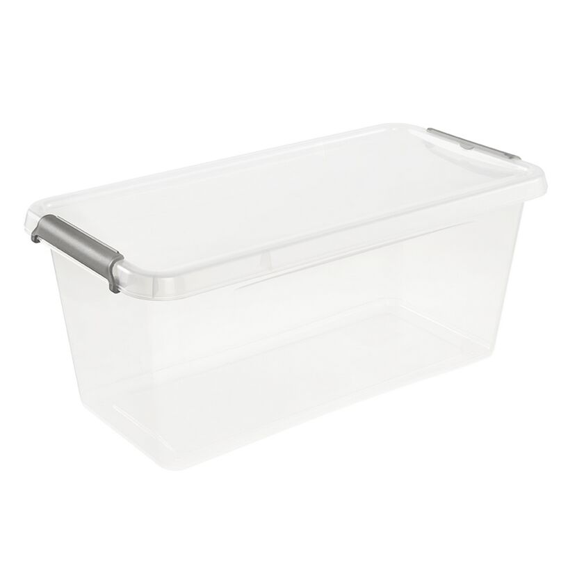 Transparente Aufbewahrungsbox mit grauen Griffen
