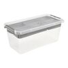 Transparente Aufbewahrungsbox mit grauem Deckel und Trenneinsätzen