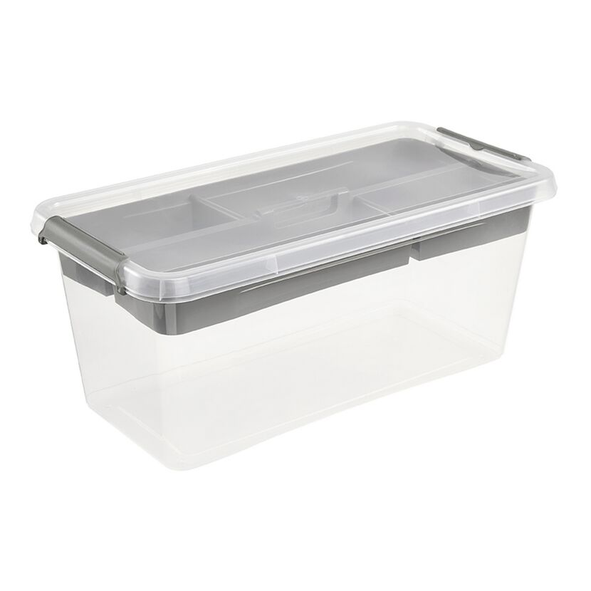 Transparente Aufbewahrungsbox mit grauem Deckel und Trenneinsätzen