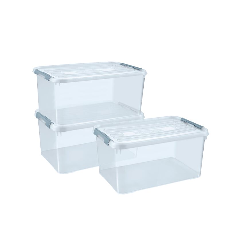 Drei transparente Plastikboxen mit Deckel