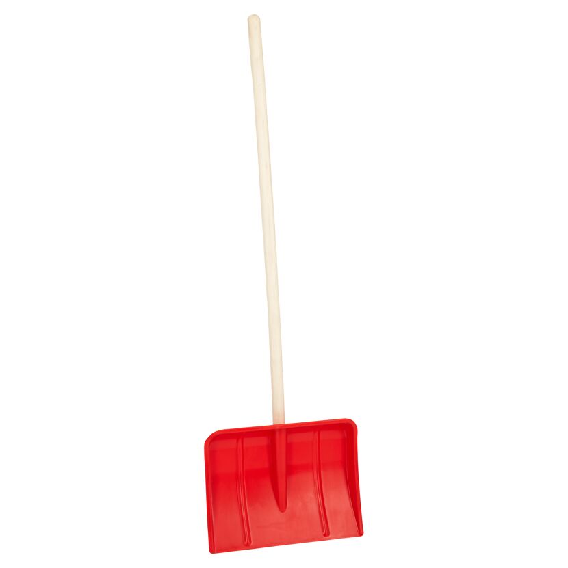 Roter Schneeschieber mit Holzstiel
