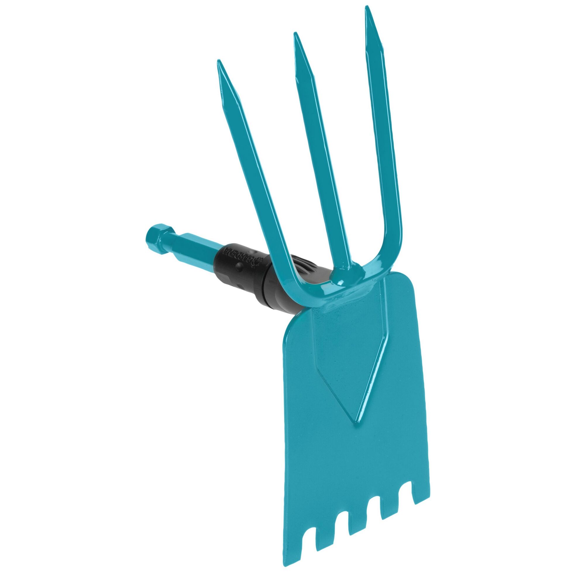 Gartenhacke mit drei Zinken und einem schwarzen Griffstück.