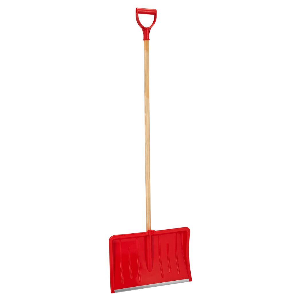 Roter Schneeschieber mit Metallschaufelkante