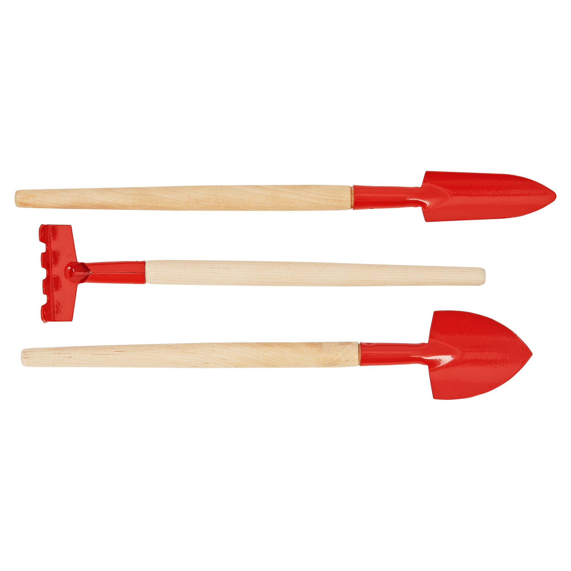 Drei Gartengeräte mit roten Metallteilen und Holzgriffen