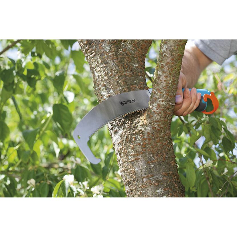 Person sägt mit Gartensäge einen Ast ab