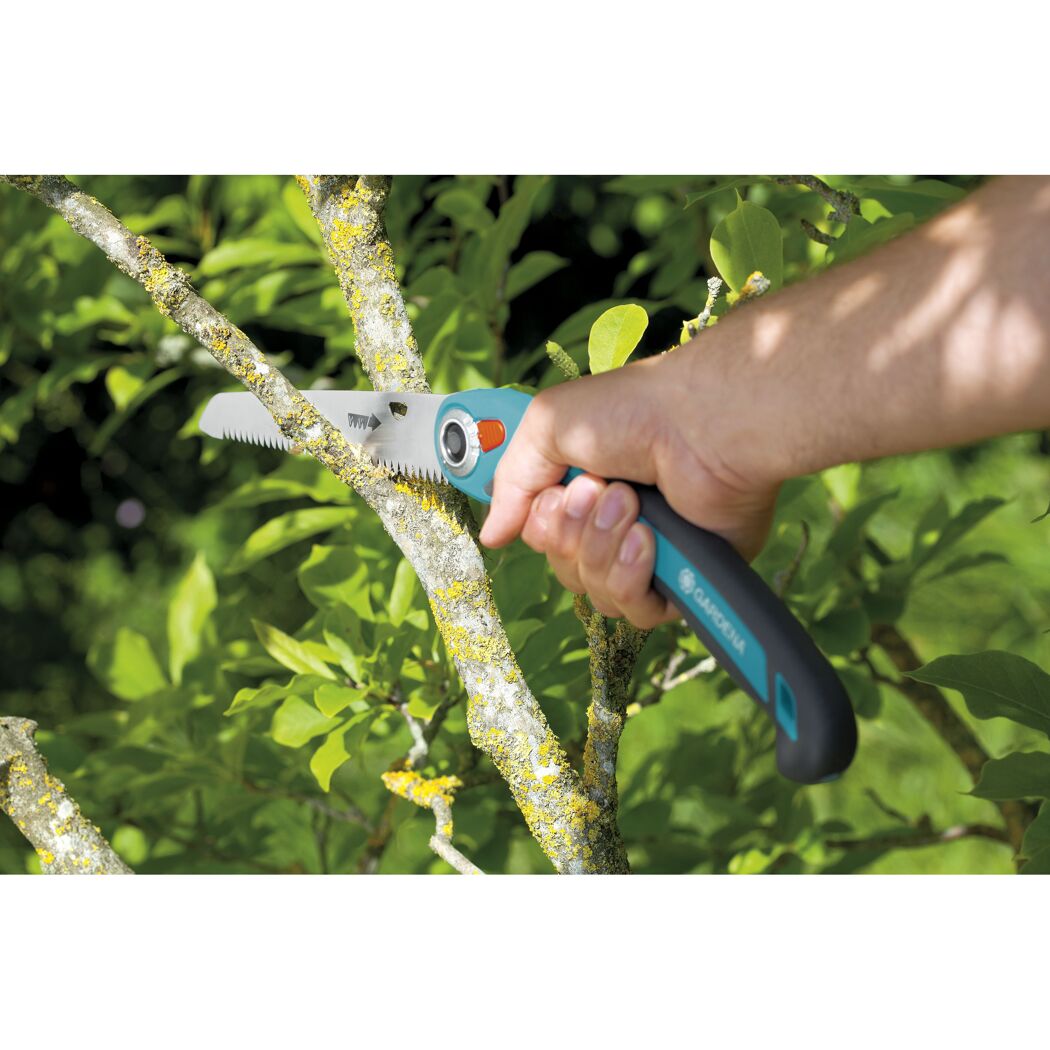 Person sägt mit Gartensäge einen Ast ab.