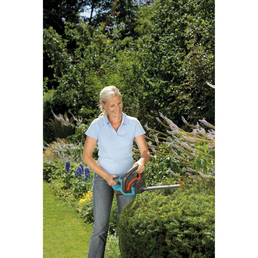 Person schneidet Hecke mit Akku-Heckenschere.