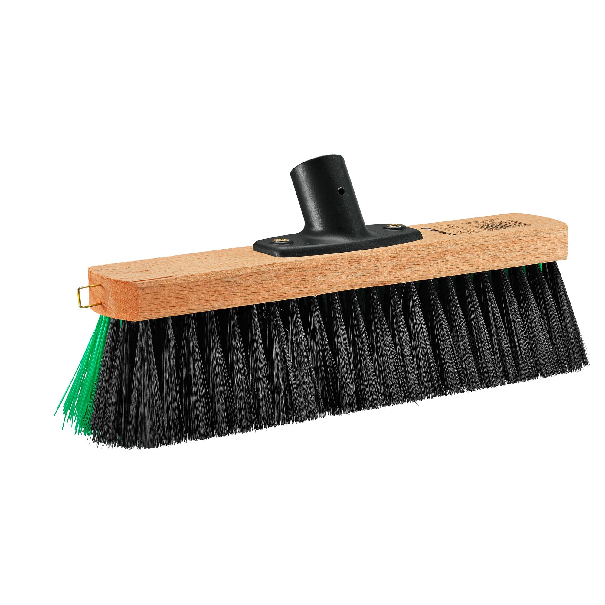 Gartenbesen mit Holzrücken und schwarzer und grüner Borsten.