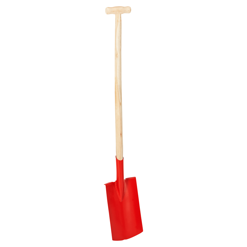 Roter Spaten mit Holzstiel