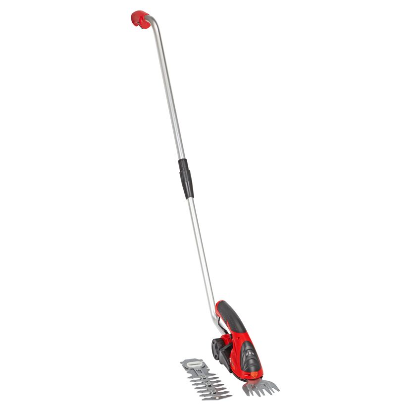 Akku-Strauch- und Grasschere mit langem Stiel und zwei verschiedenen Schneidaufsätzen.