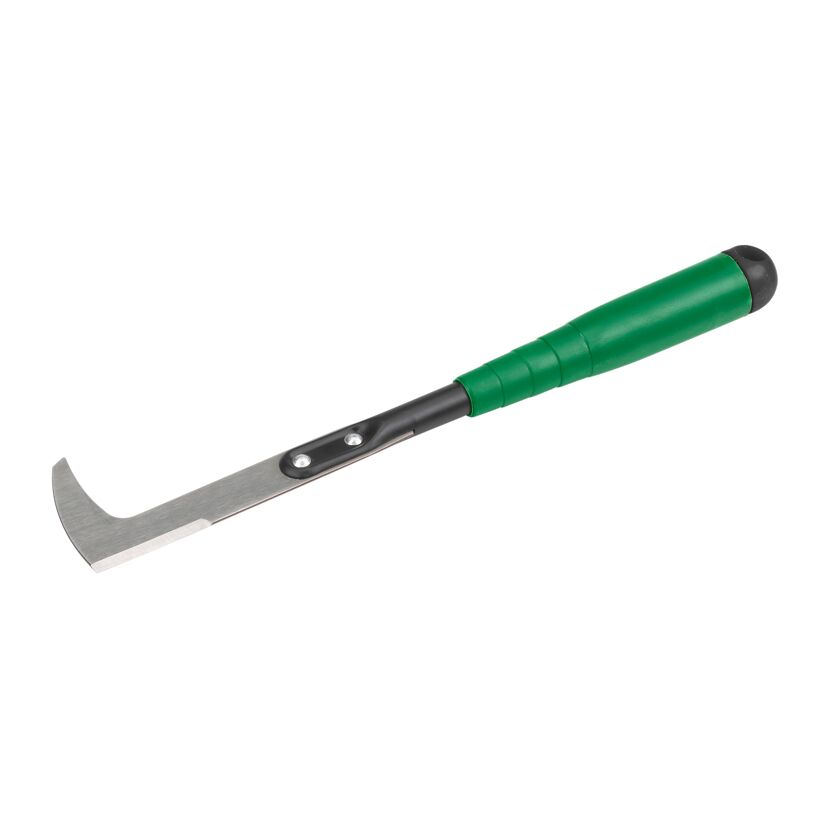 Fugenreiniger mit grünem Griff und gebogener Metallklinge