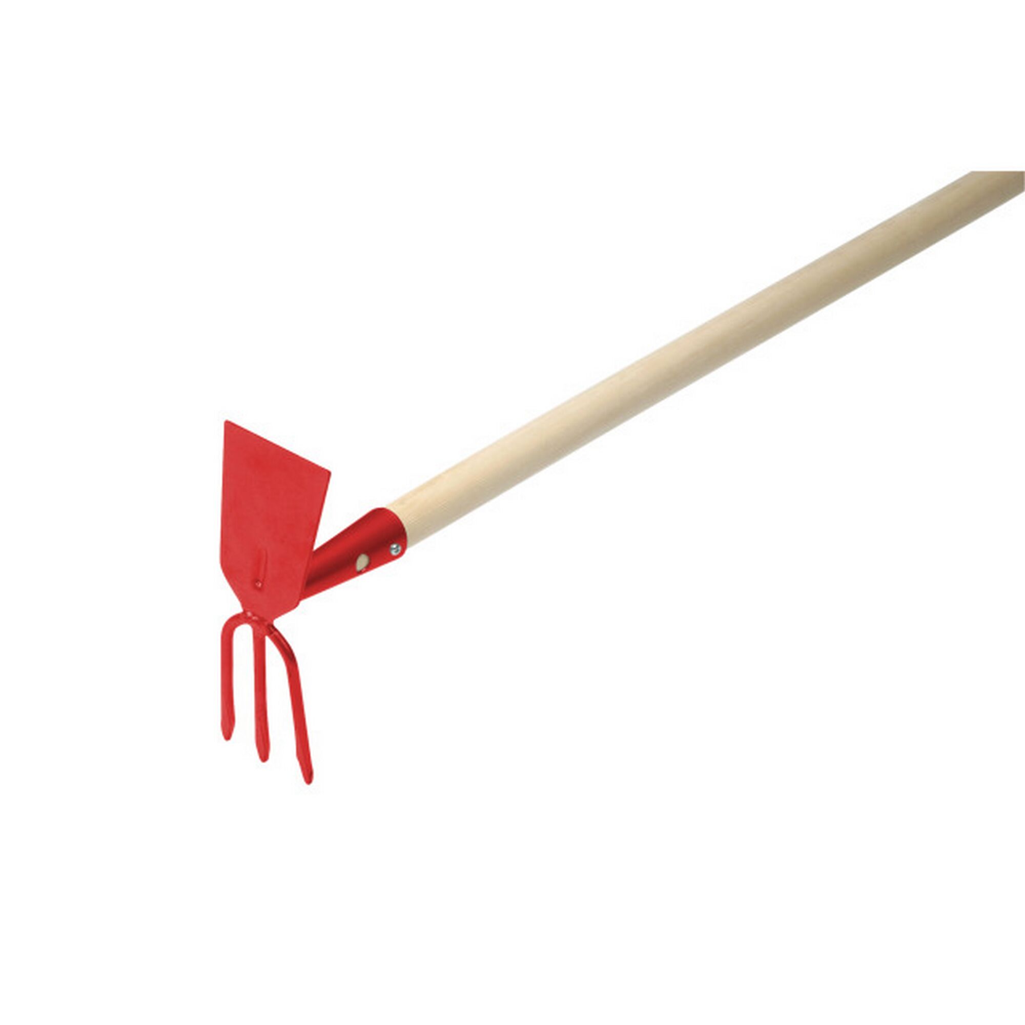 Gartenhacke mit drei Zinken und rotem Blatt.