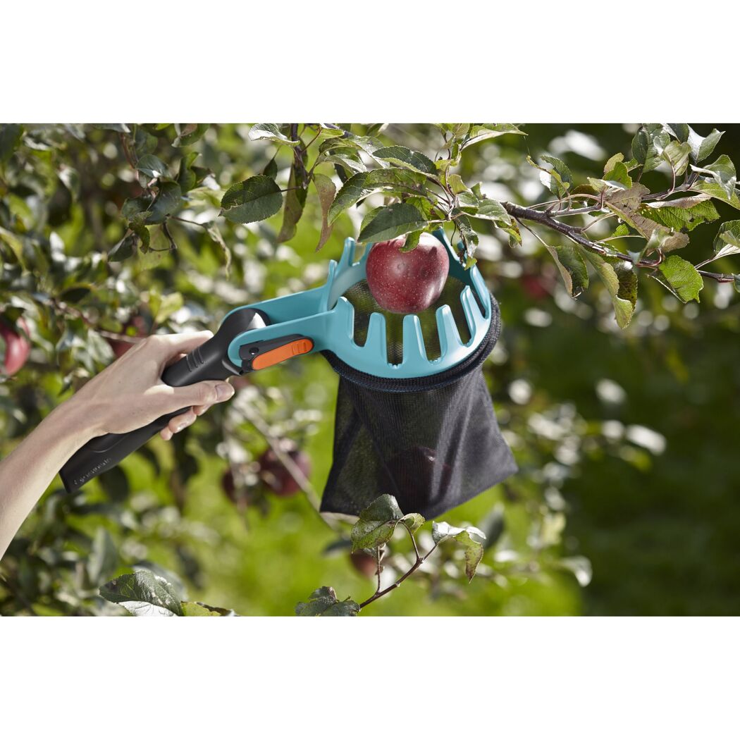 Person pflückt Apfel mit GARDENA combisystem-Obstpflücker