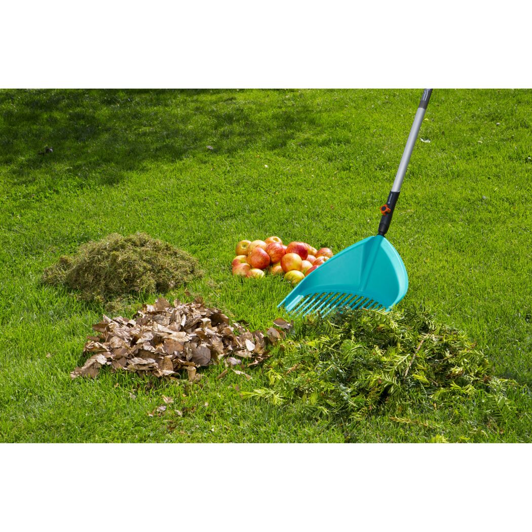 Gartengeräte: Laub, Gras und Äpfel auf Rasen mit Rechen