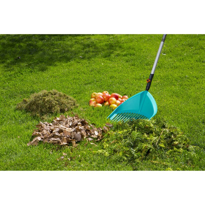 Gartengeräte: Laub, Gras und Äpfel auf Rasen mit Rechen