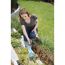 Person jätet mit einem Rechen Unkraut im Garten.