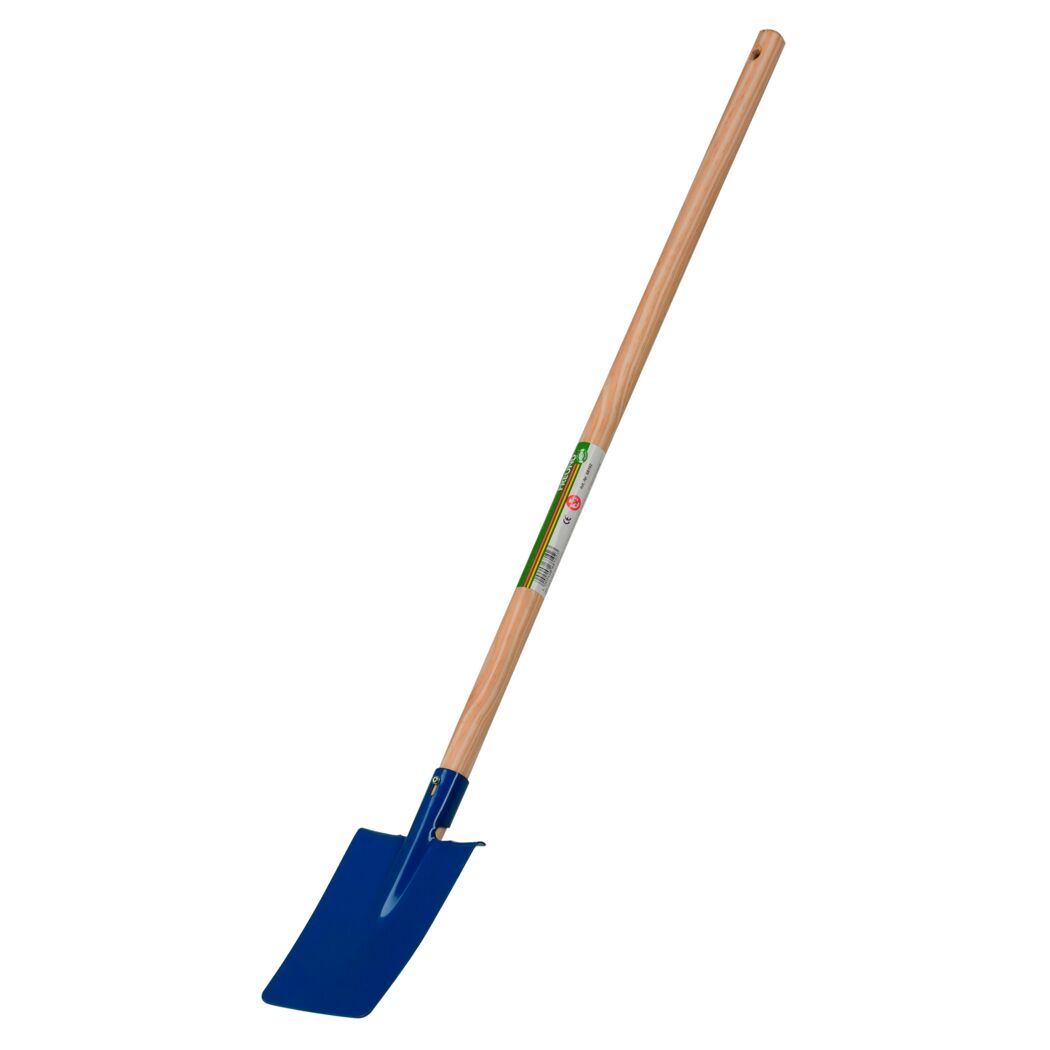 Blauer Kinderspaten mit Holzstiel