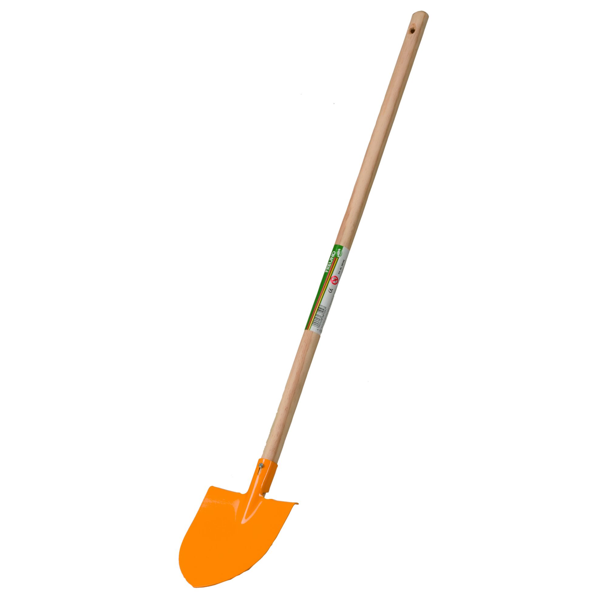 Orangefarbene Kinderspitzschaufel mit Holzstiel