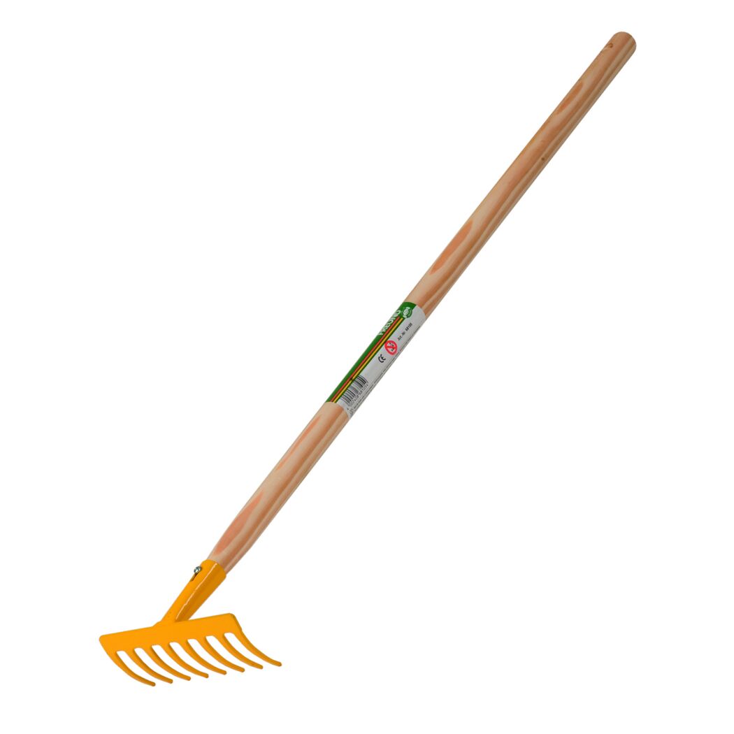 Gelber Rechen mit Holzgriff
