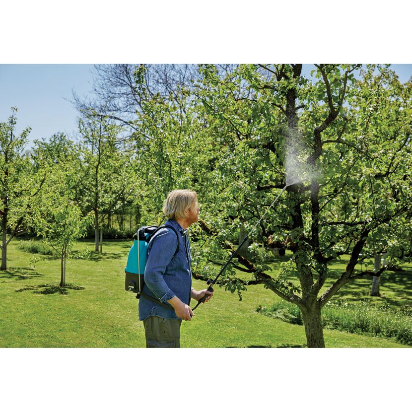 Person besprüht Baum mit Rückenspritzgerät