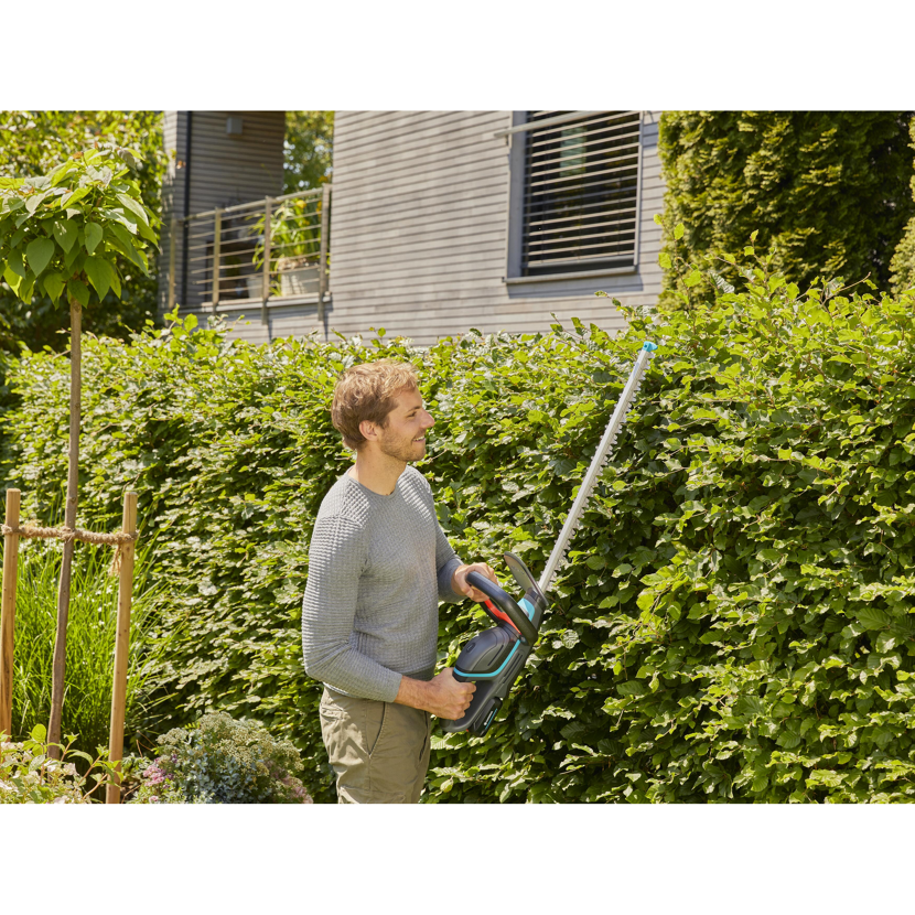 Person schneidet Hecke mit Akku-Heckenschere