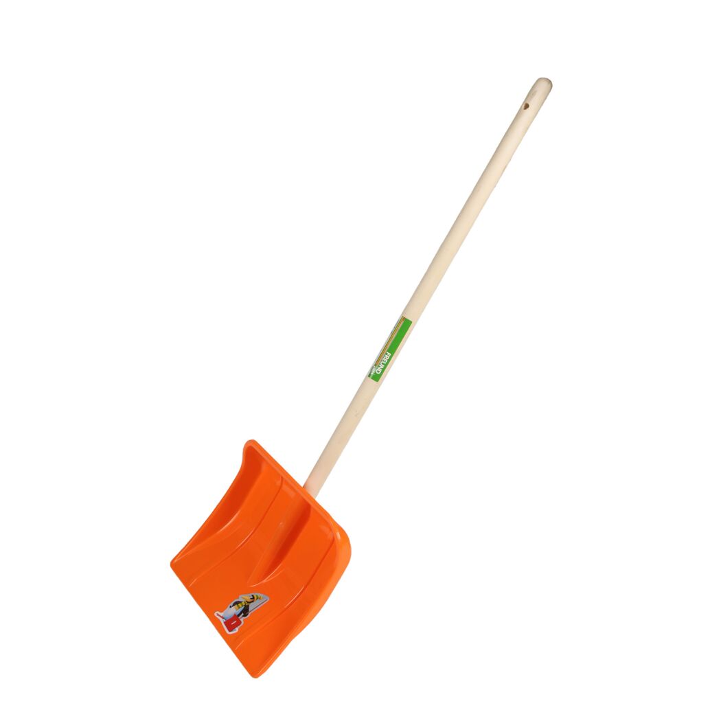 Orangener Schneeschieber mit Holzstiel