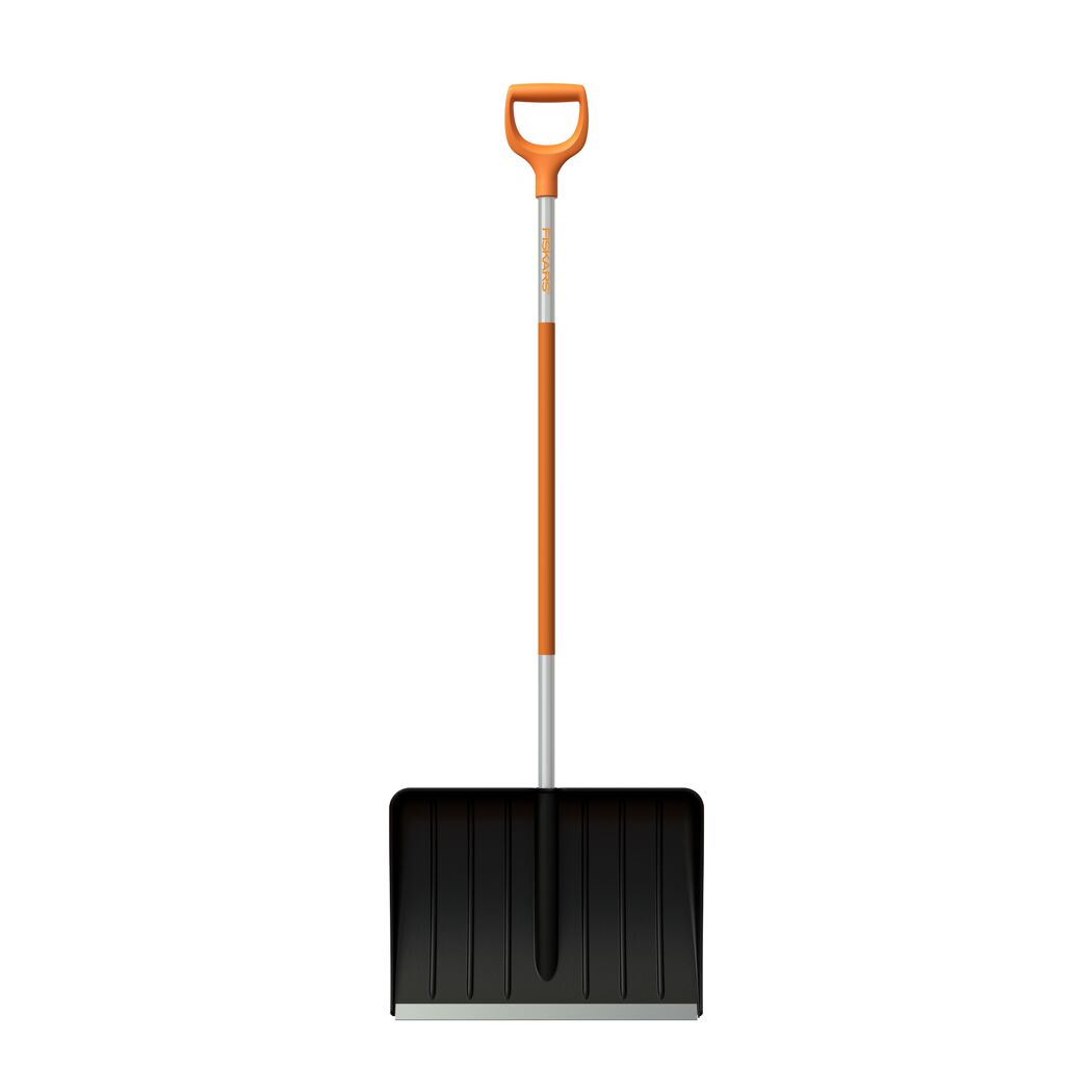 Schwarzer Schneeschieber Fiskars SnowXpert mit orangem Griff