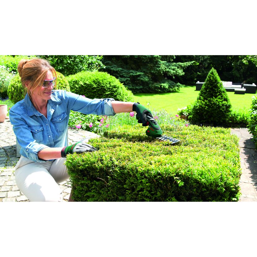 Person schneidet Hecke mit Akku-Gras- und Strauchschere