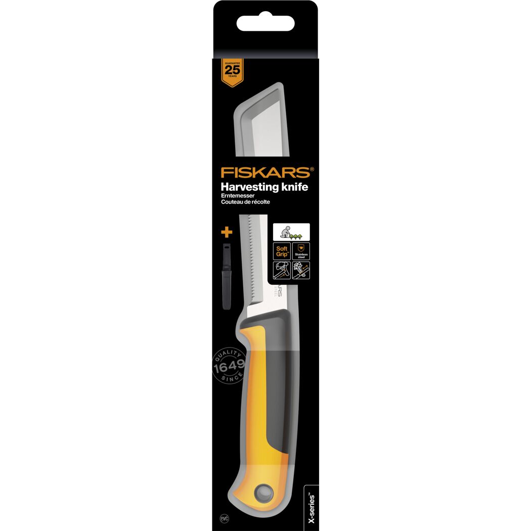 Fiskars Erntemesser mit gelbem Griff und schwarzer Klinge in Verpackung