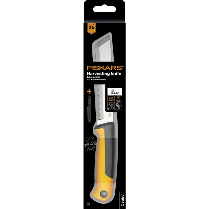 Fiskars Erntemesser mit gelbem Griff und schwarzer Klinge in Verpackung