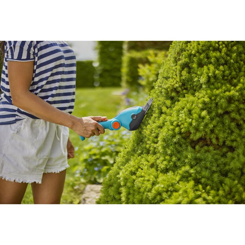 Person schneidet Hecke mit Akku-Grasschere