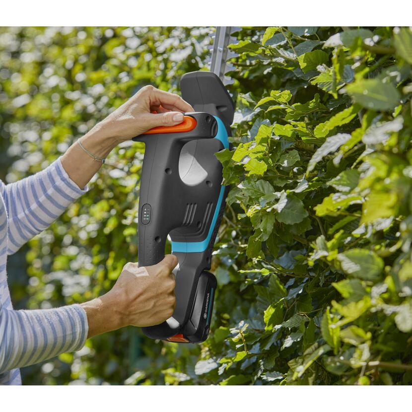 Person schneidet eine Hecke mit der Akku-Heckenschere EasyCut solo.