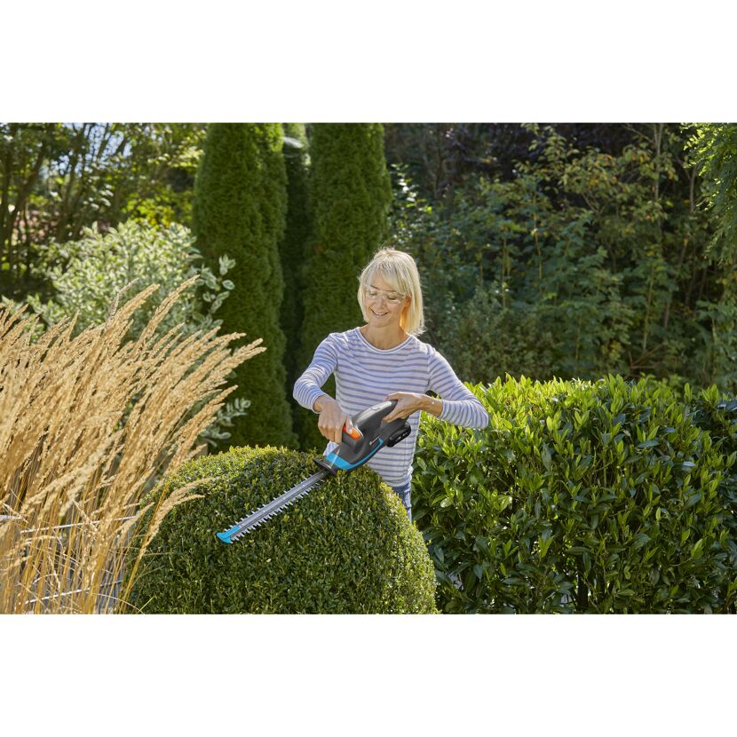 Person schneidet eine Hecke mit einer Akku-Heckenschere.
