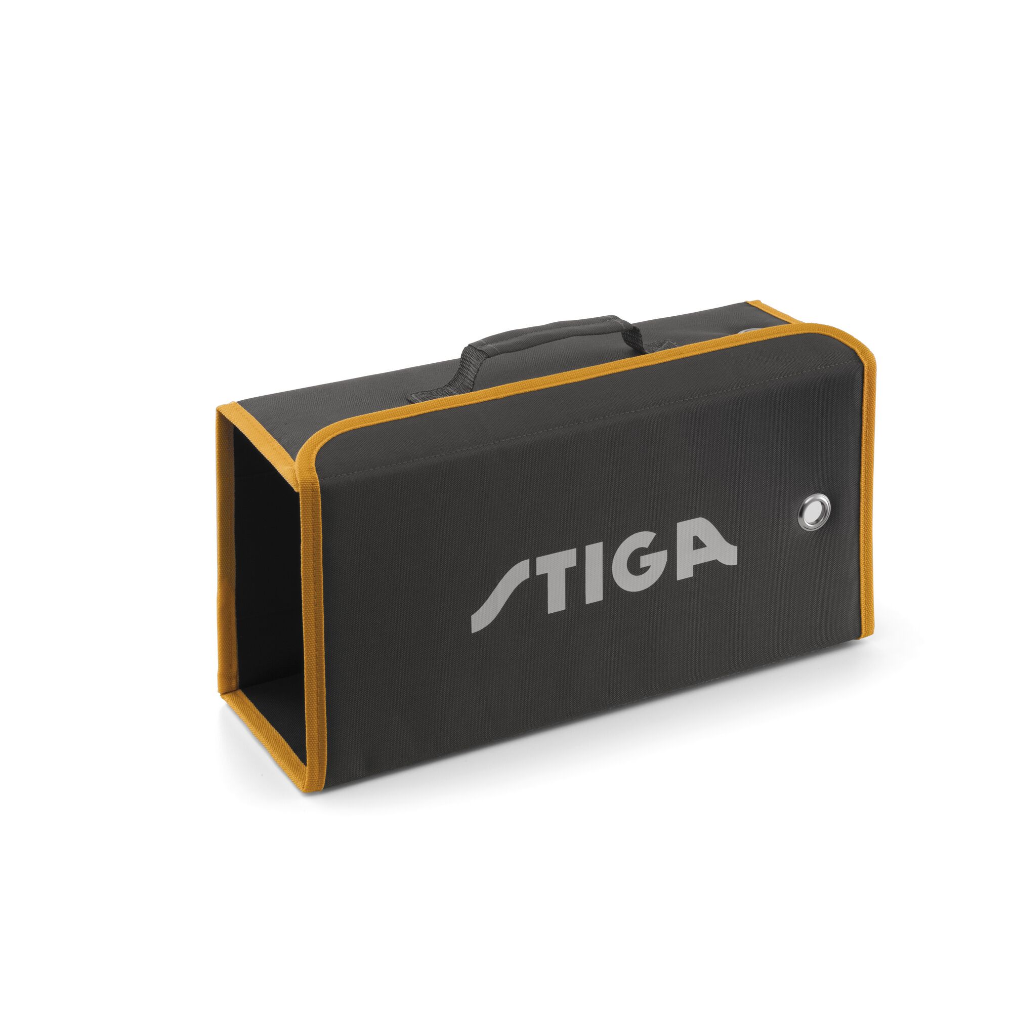 Schwarze Stiga-Textiltasche mit orangefarbenen Nähten.