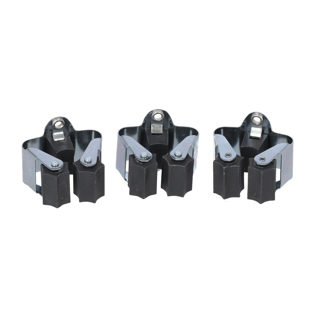 Drei Gerätehalter mit Metallklammer und schwarzen Gummiklemmen.