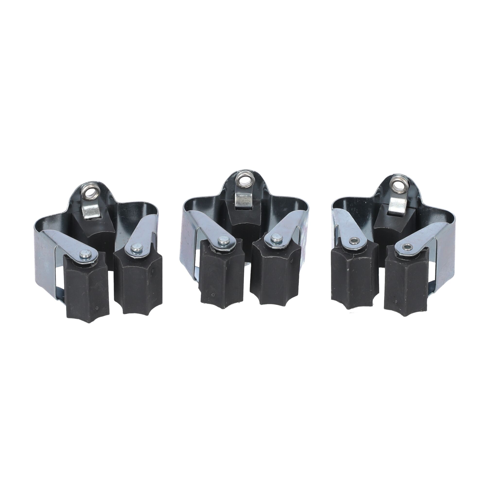 Drei Gerätehalter mit Metallklammer und schwarzen Gummiklemmen.